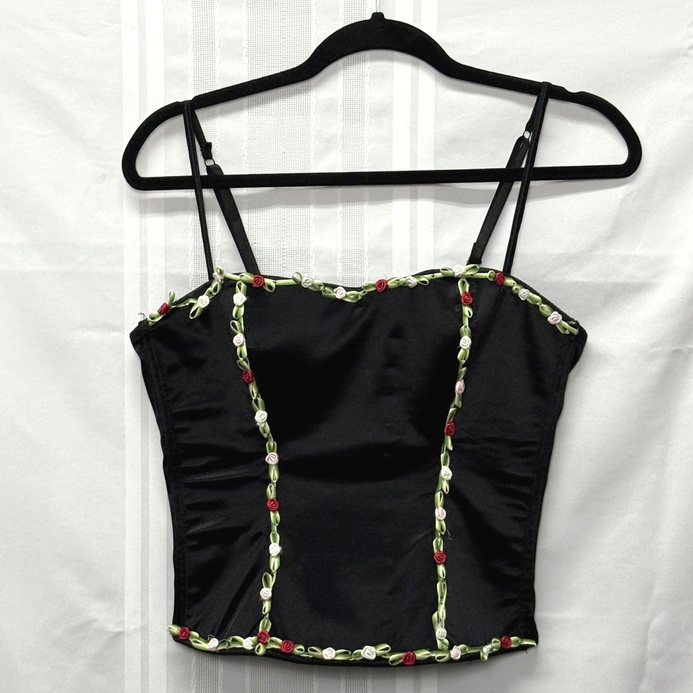 Black Satin Corset Bustier Ribbon Rosette Y2K Lg Whimsygoth Fairygoth Coquette